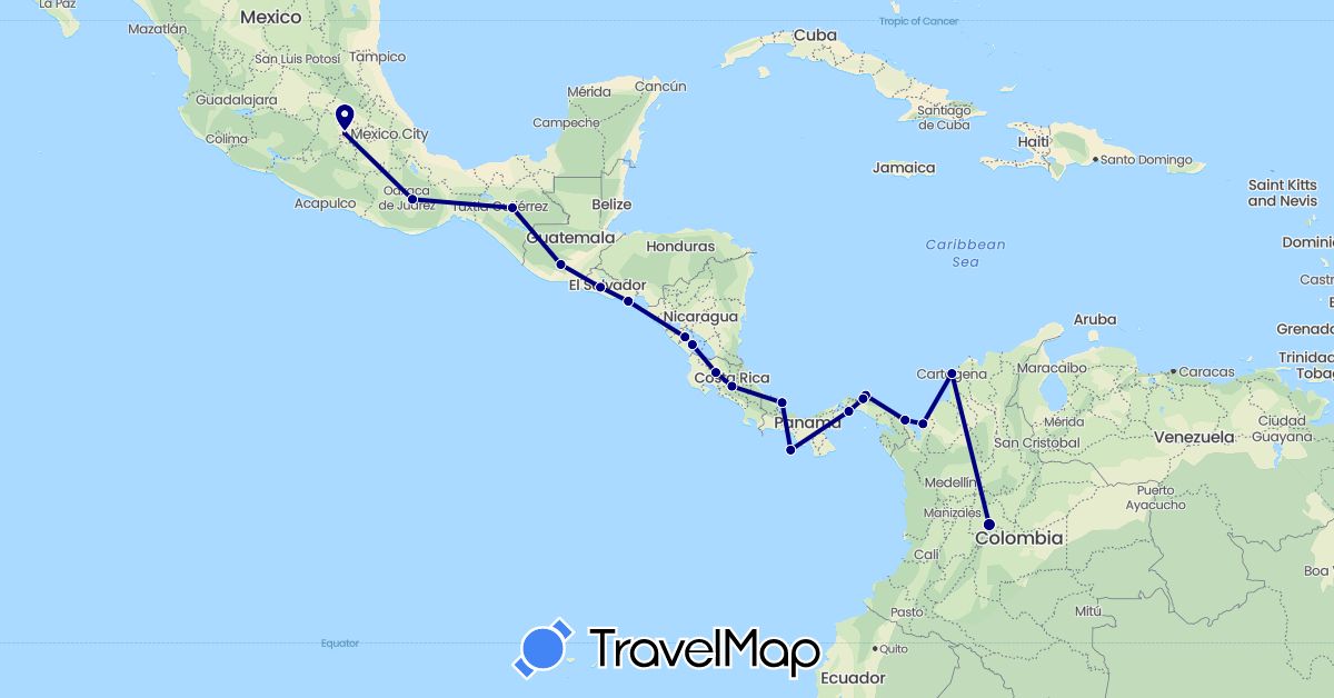 TravelMap itinerary: driving in Colombia, Costa Rica, Guatemala, Mexico, Nicaragua, Panama, El Salvador (North America, South America)